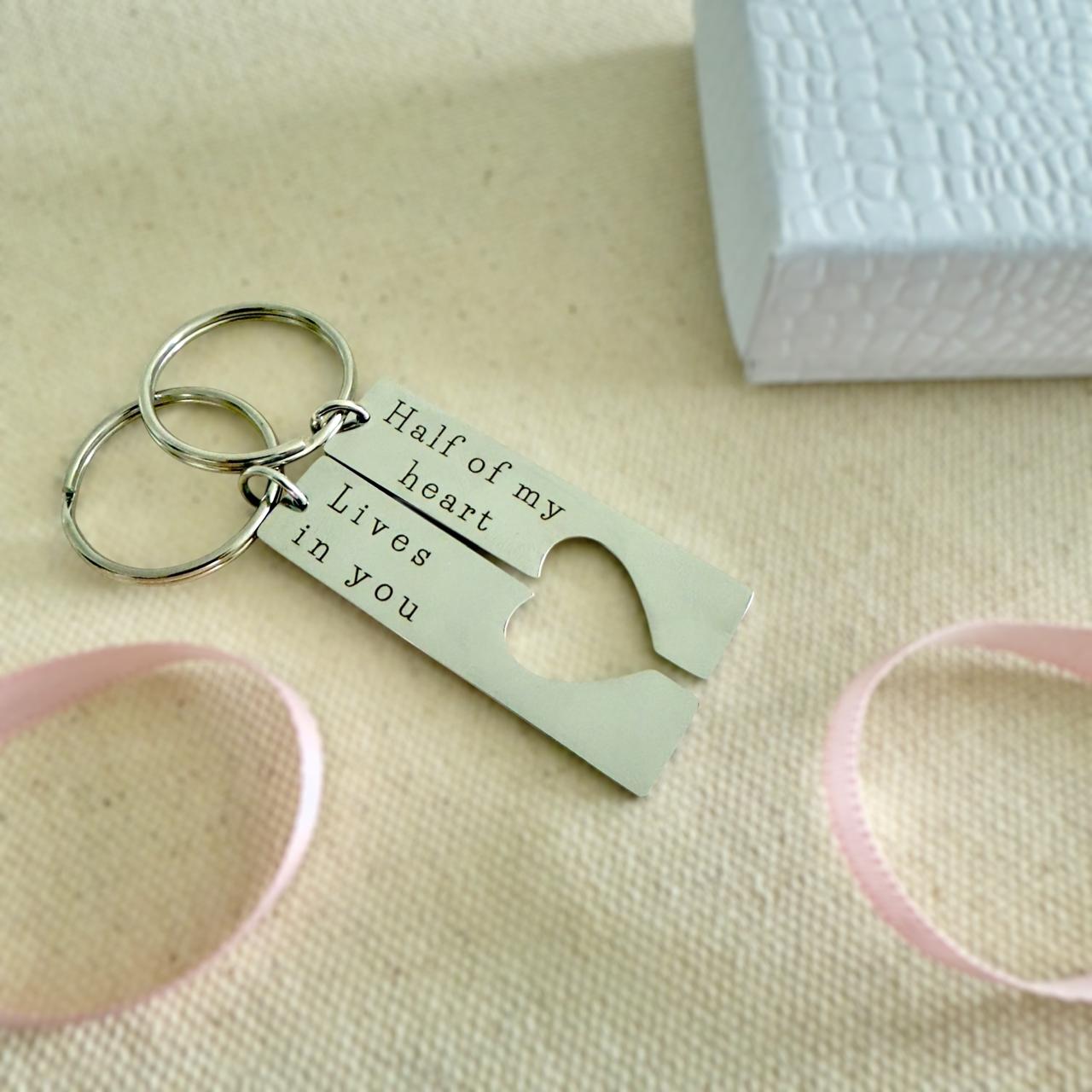 Matching Heart Keychains – “Half of My Heart Lives in You” Set