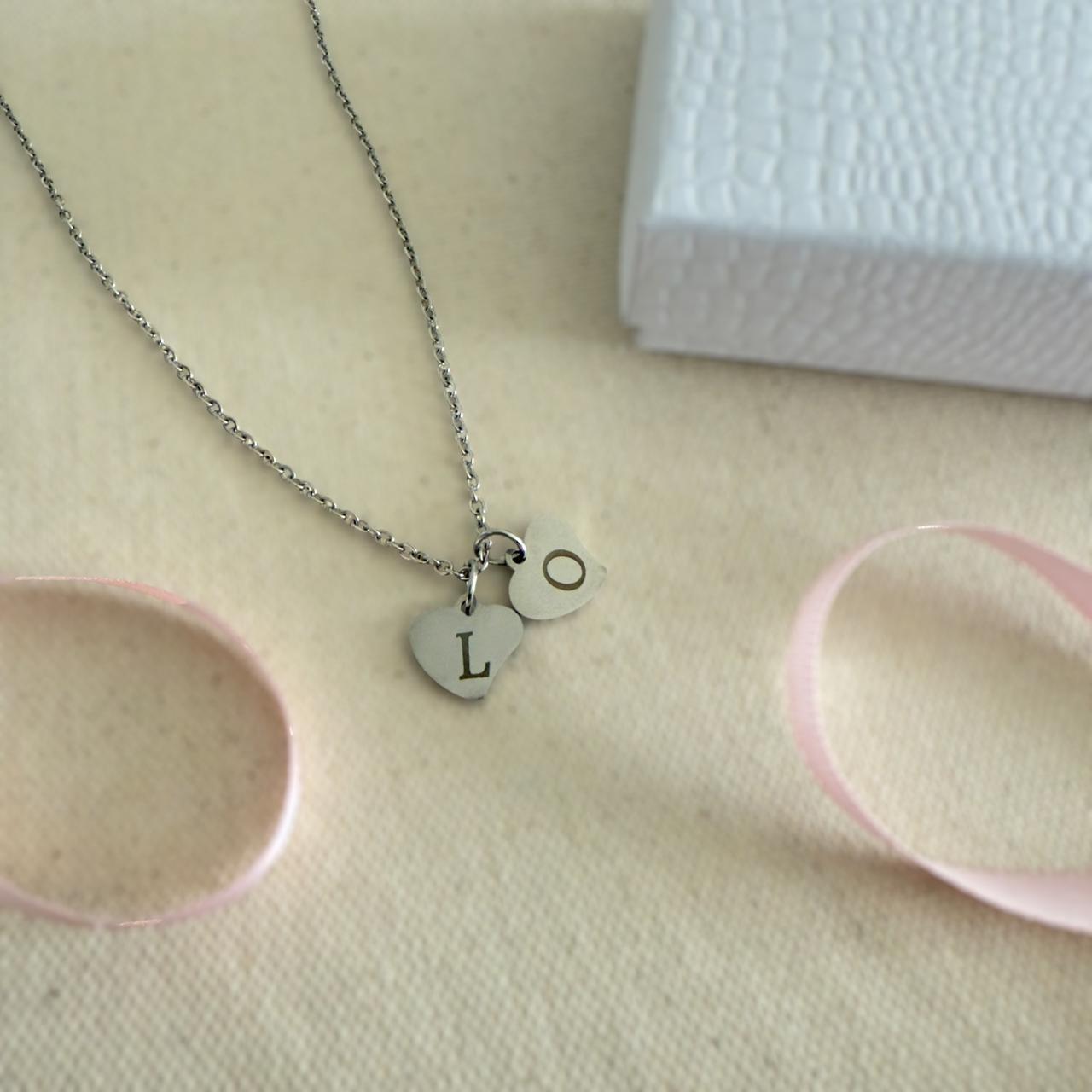 Double Heart Initial Necklace – Custom Silver or Gold Gift